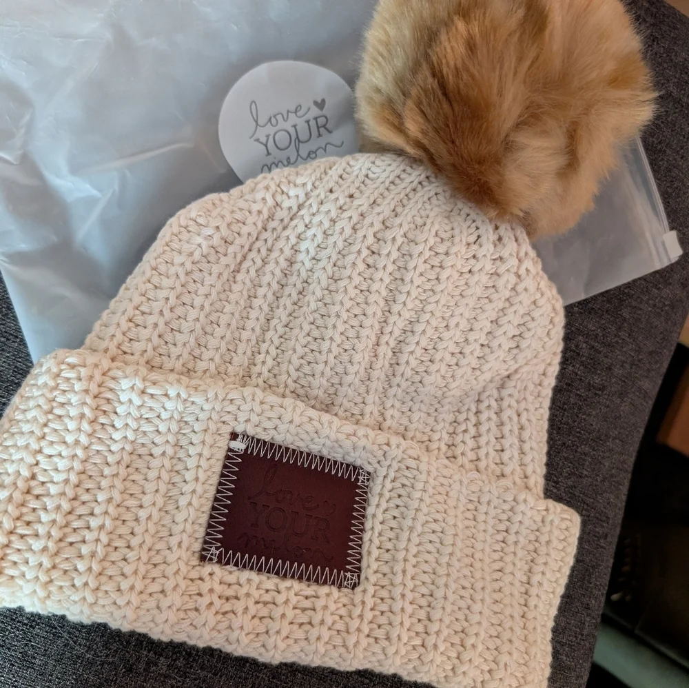 Love Your Melon Cream Knit Hat with Brown Pom